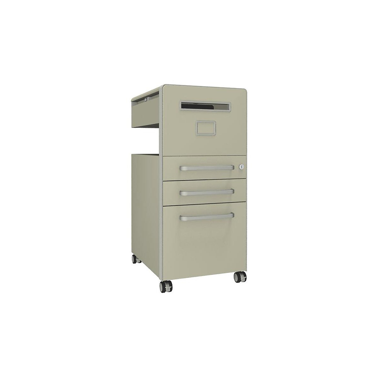 Bite™ pedestal furniture, with 1 whiteboard, opens on the right side – BISLEY, with 2 universal drawers, 1 suspension file drawer, light ivory-25