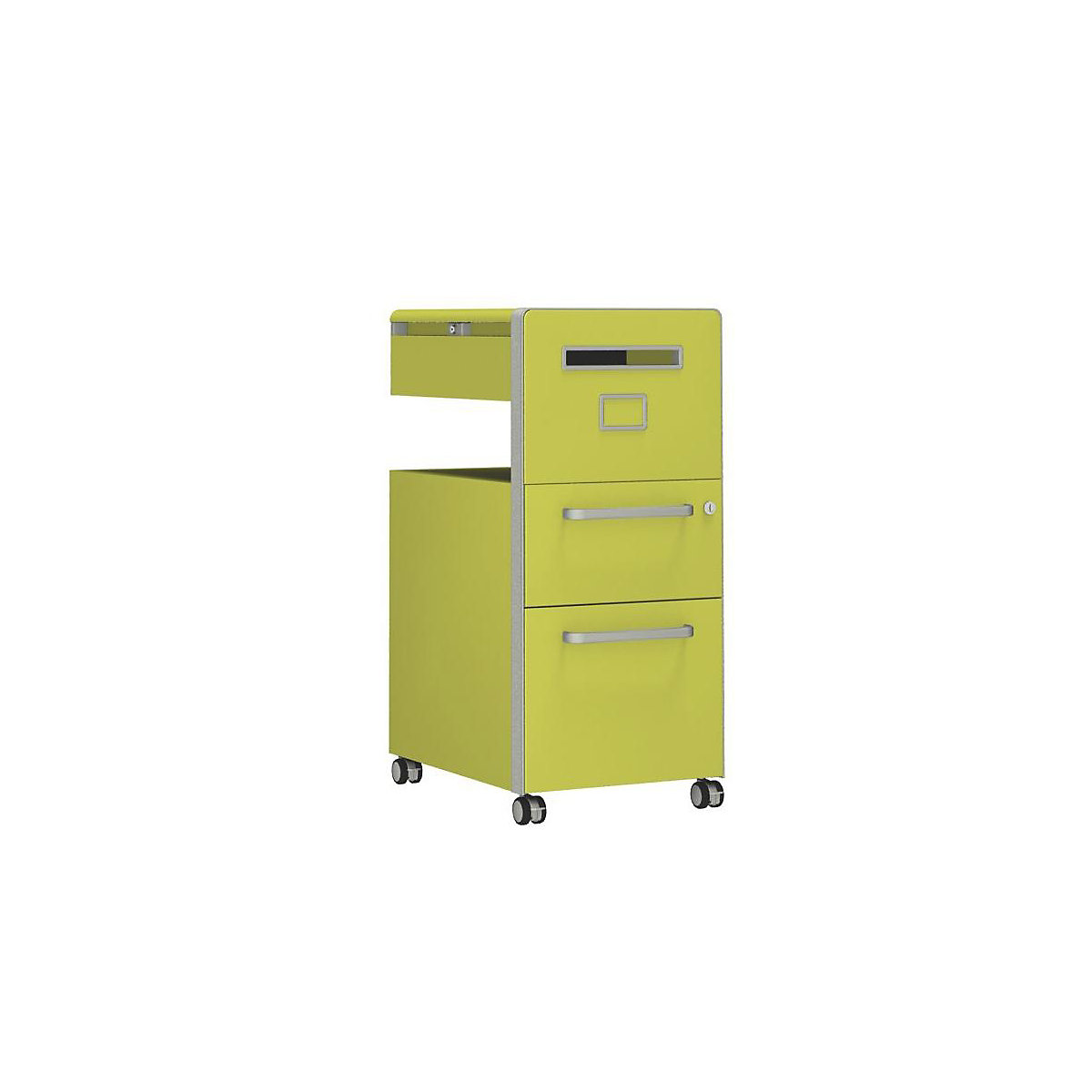 Bite™ pedestal furniture, with 1 whiteboard, opens on the right side – BISLEY, with 1 universal drawer, 1 suspension file drawer, yellow-12