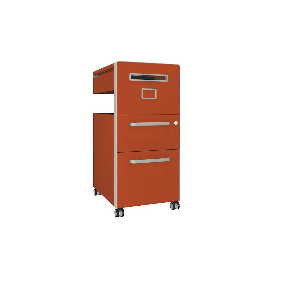 Bite™ pedestal furniture, with 1 whiteboard, opens on the right side – BISLEY, with 1 universal drawer, 1 suspension file drawer, orange-30