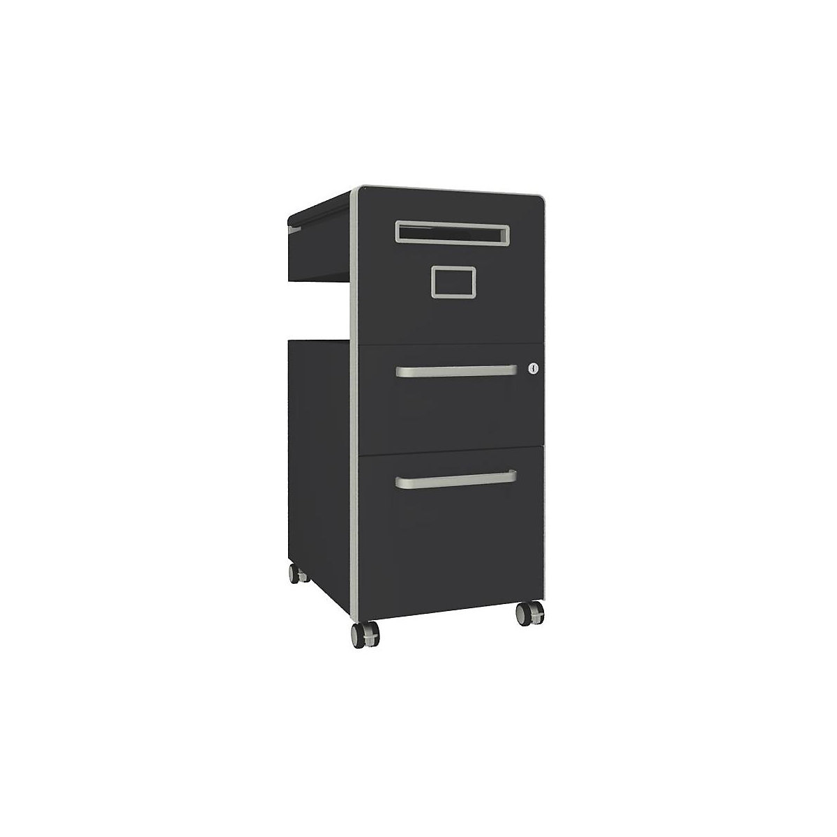 Bite™ pedestal furniture, with 1 whiteboard, opens on the right side – BISLEY, with 1 universal drawer, 1 suspension file drawer, charcoal-22