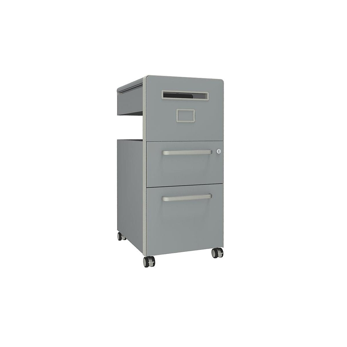 Bite™ pedestal furniture, with 1 whiteboard, opens on the right side – BISLEY, with 1 universal drawer, 1 suspension file drawer, silver, smooth paint finish-15