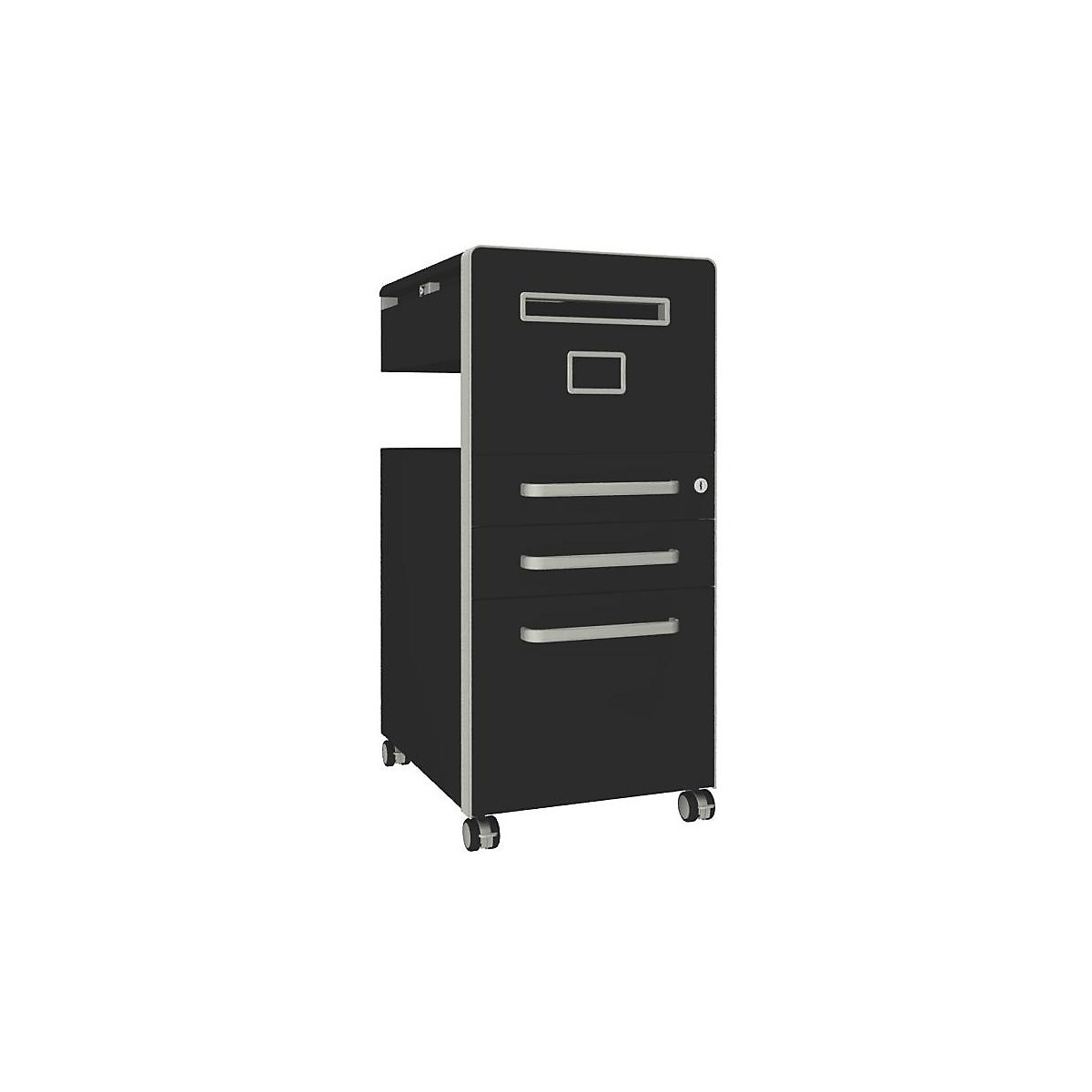 Bite™ pedestal furniture, with 1 whiteboard, opens on the right side – BISLEY, with 2 universal drawers, 1 suspension file drawer, black-30