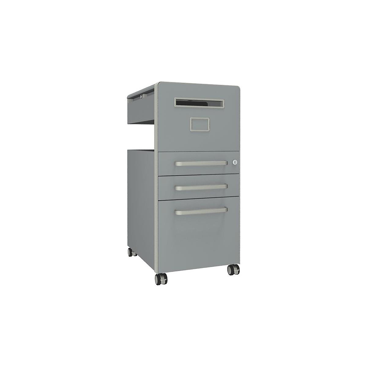 Bite™ pedestal furniture, with 1 whiteboard, opens on the right side – BISLEY, with 2 universal drawers, 1 suspension file drawer, silver, smooth paint finish-14