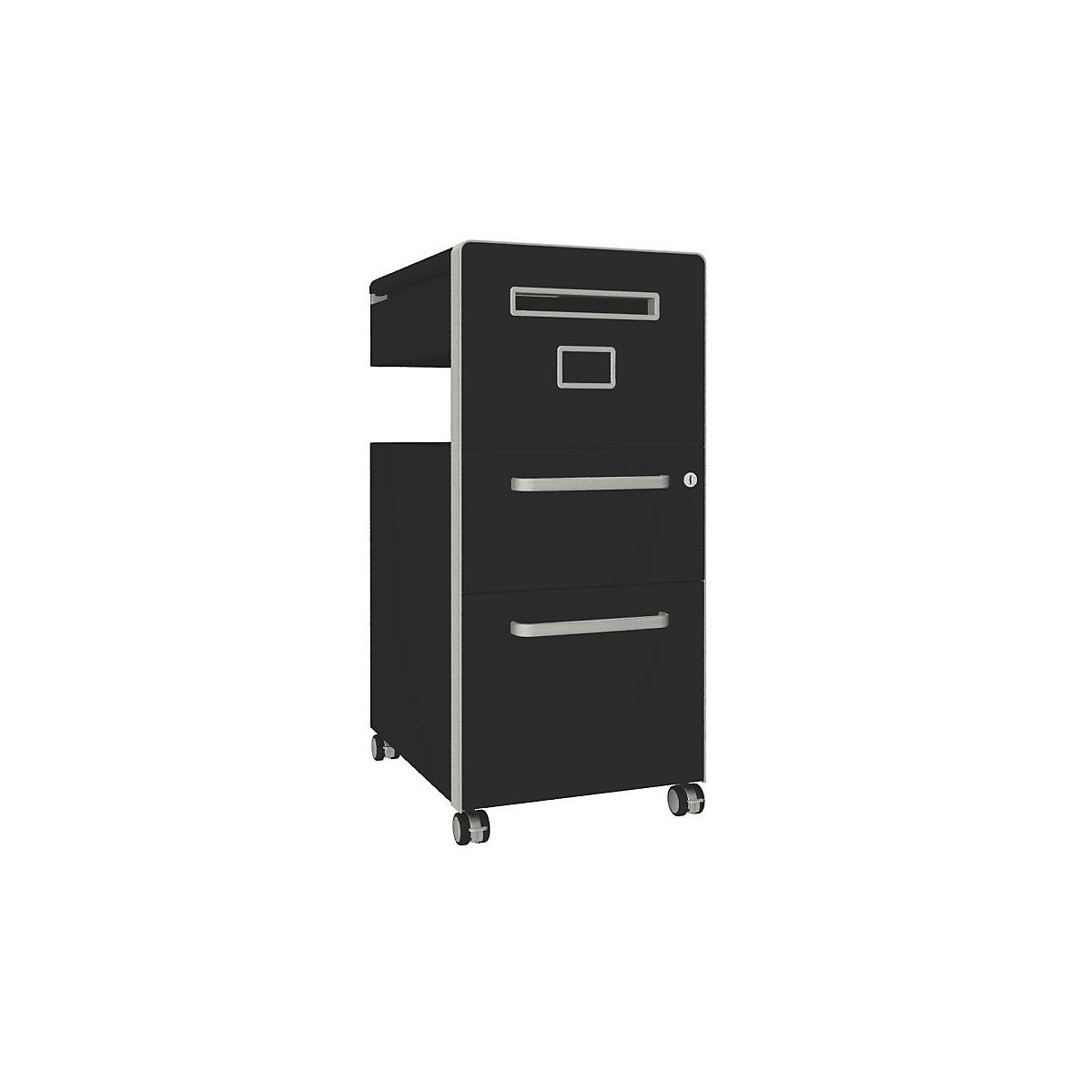 Bite™ pedestal furniture, with 1 whiteboard, opens on the right side – BISLEY, with 1 universal drawer, 1 suspension file drawer, black-24