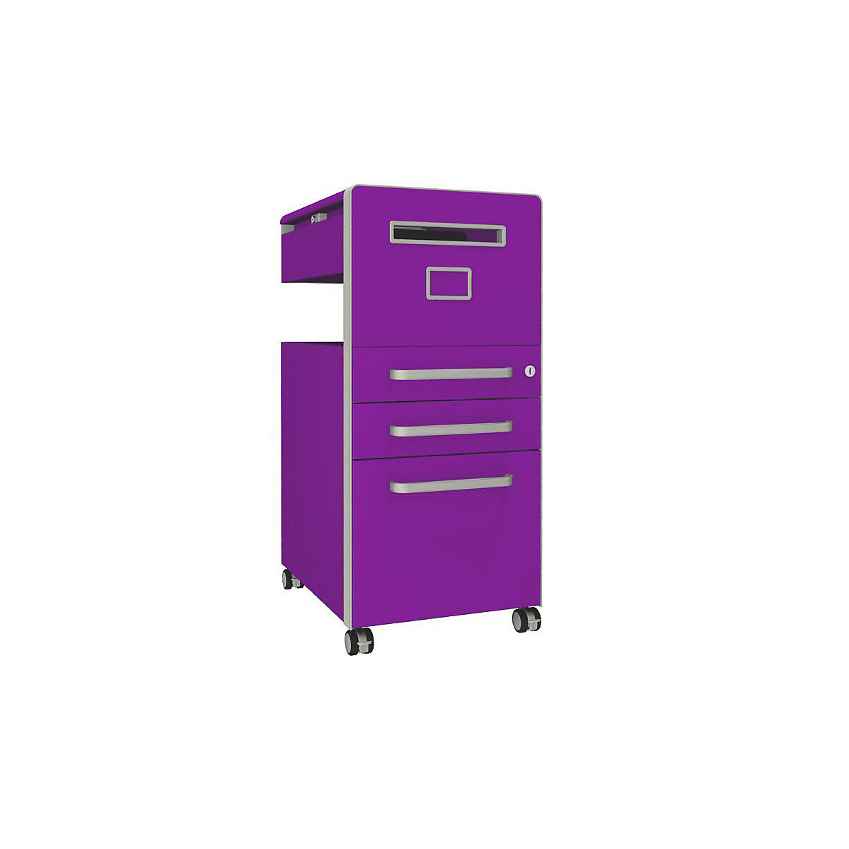 Bite™ pedestal furniture, with 1 whiteboard, opens on the right side – BISLEY, with 2 universal drawers, 1 suspension file drawer, fuchsia-24