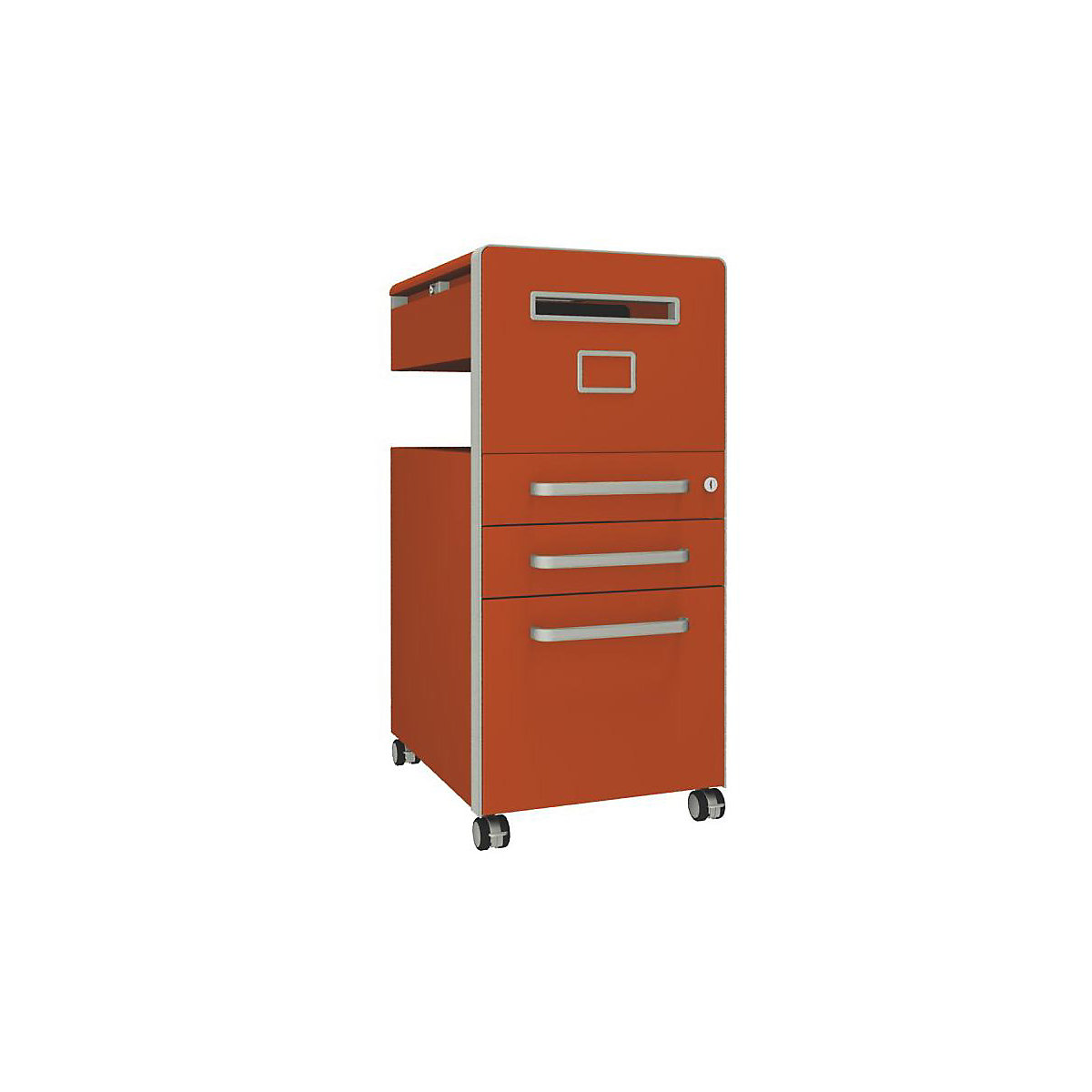 Bite™ pedestal furniture, with 1 whiteboard, opens on the right side – BISLEY, with 2 universal drawers, 1 suspension file drawer, orange-23