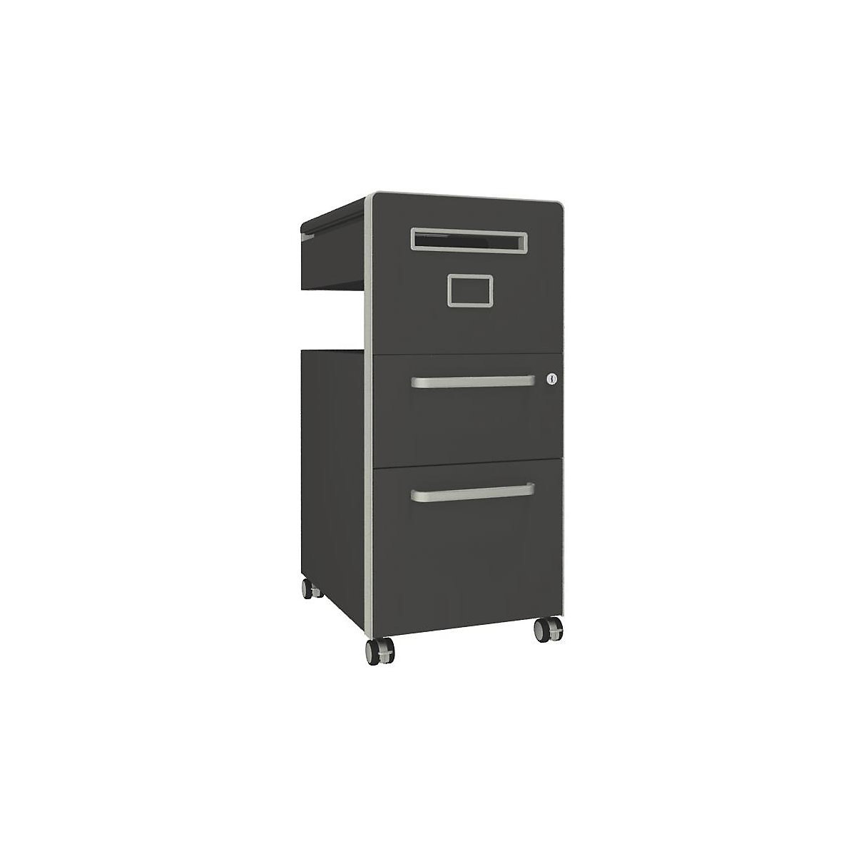 Bite™ pedestal furniture, with 1 whiteboard, opens on the right side – BISLEY, with 1 universal drawer, 1 suspension file drawer, slate-17