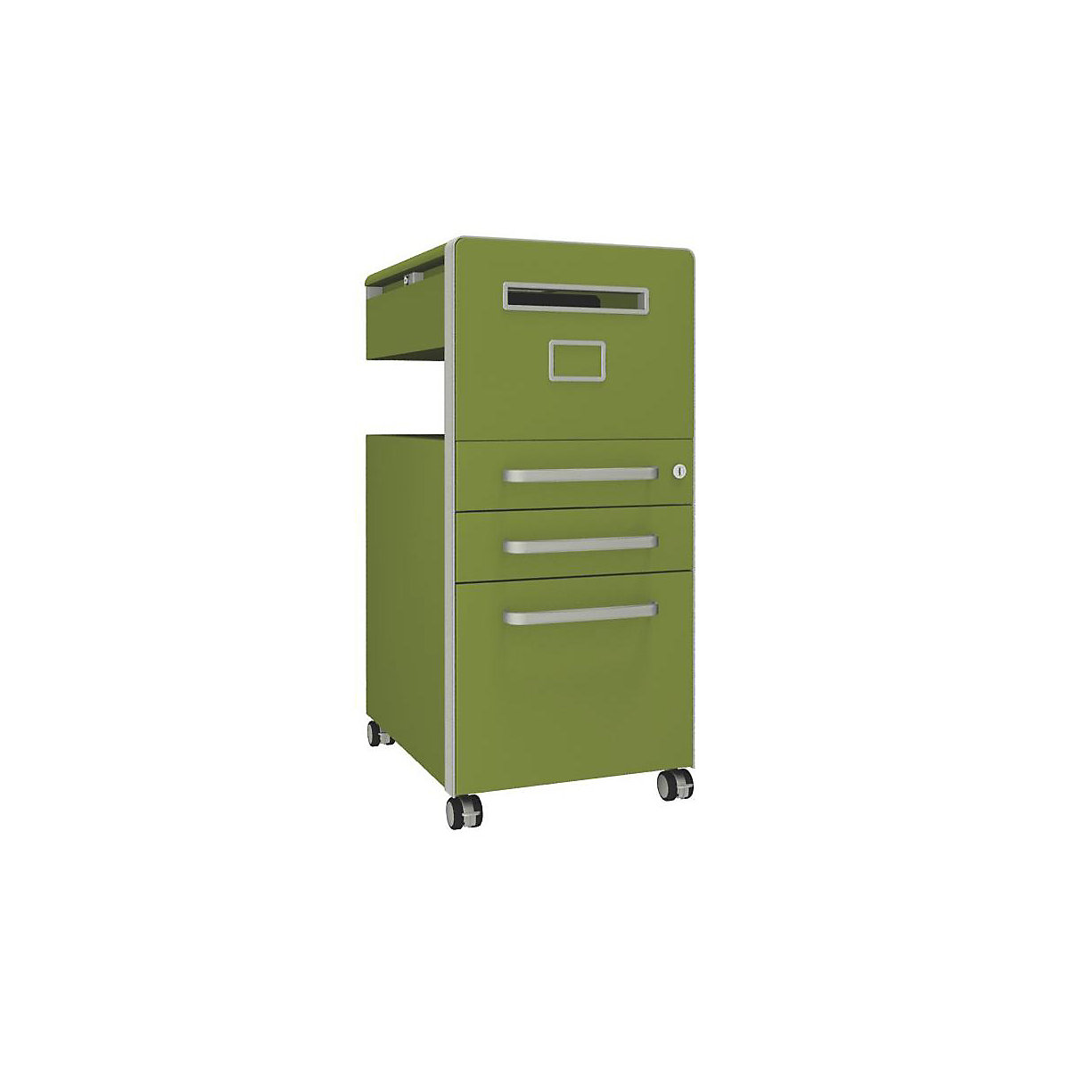 Bite™ pedestal furniture, with 1 whiteboard, opens on the right side – BISLEY, with 2 universal drawers, 1 suspension file drawer, green-12