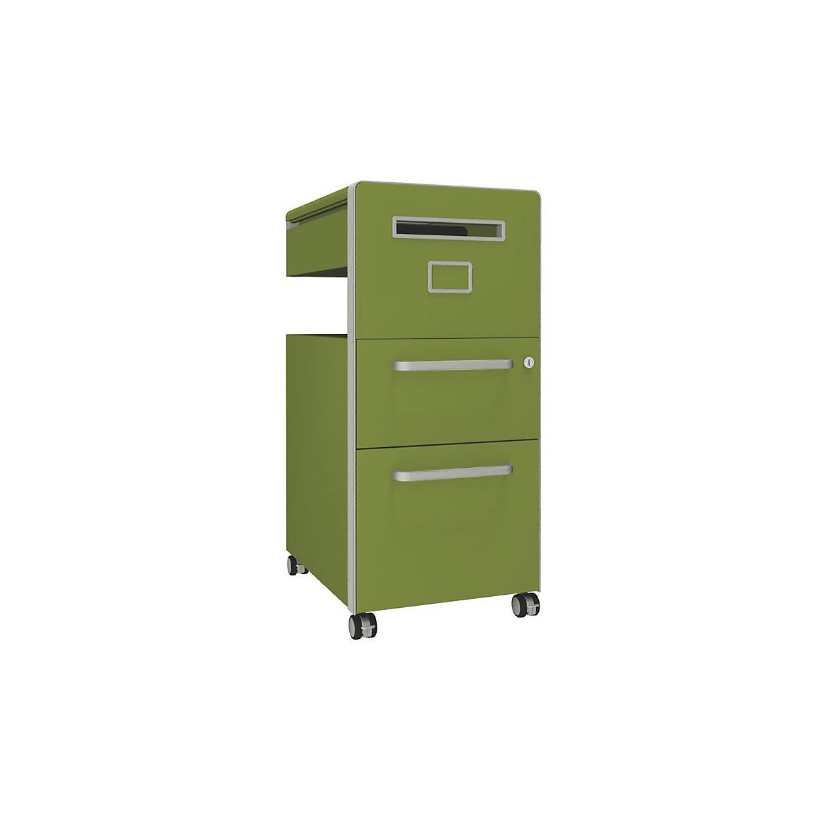 Bite™ pedestal furniture, with 1 whiteboard, opens on the right side – BISLEY, with 1 universal drawer, 1 suspension file drawer, green-10