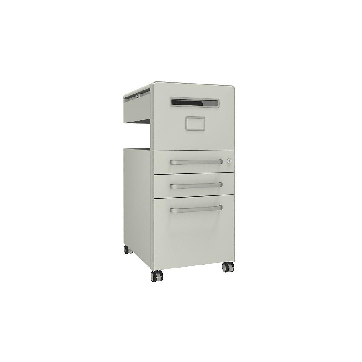 Bite™ pedestal furniture, with 1 whiteboard, opens on the right side – BISLEY, with 2 universal drawers, 1 suspension file drawer, pure white-29