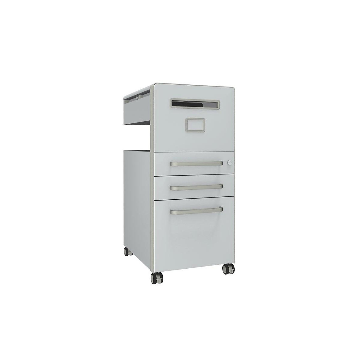 Bite™ pedestal furniture, with 1 whiteboard, opens on the right side – BISLEY, with 2 universal drawers, 1 suspension file drawer, traffic white-16