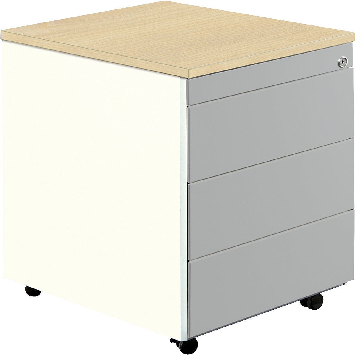 Drawer pedestal with castors – mauser, HxD 579 x 600 mm, plastic top, 3 drawers, pure white / white aluminium / maple-5
