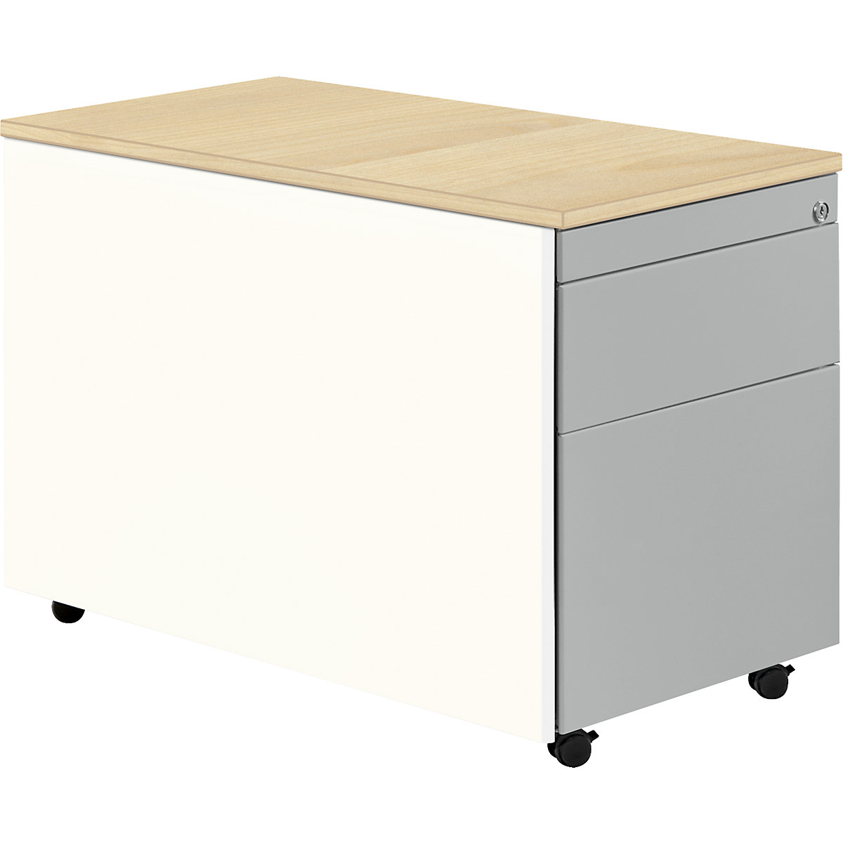 Drawer pedestal with castors – mauser, HxD 579 x 800 mm, plastic panel, 1 drawer, 1 suspension file drawer, pure white / white aluminium / maple-3