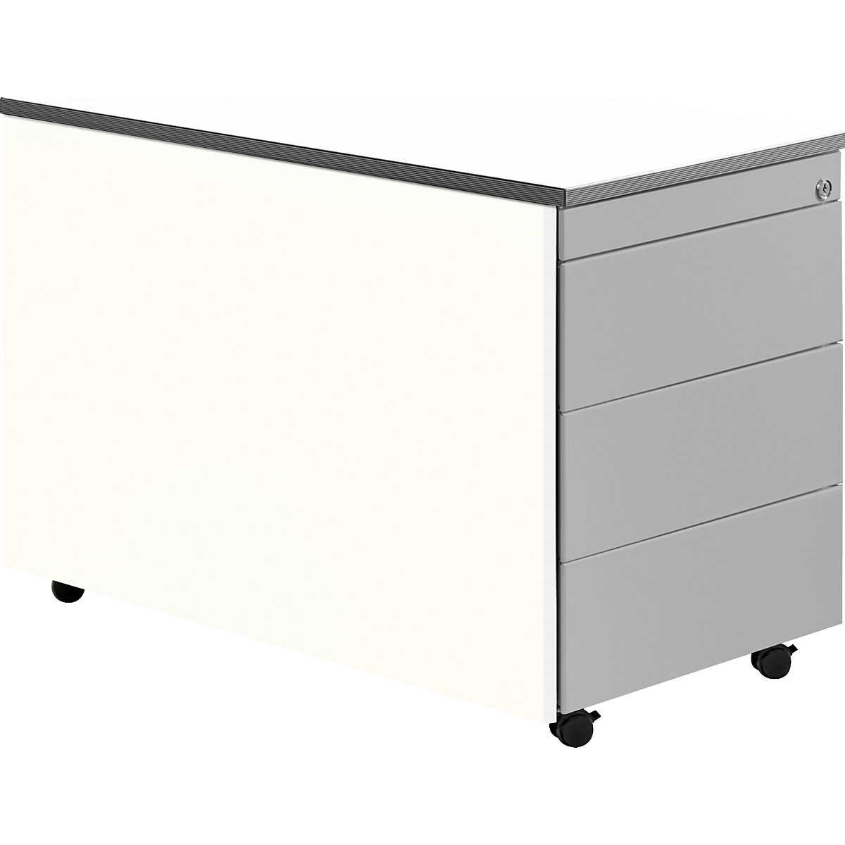 Drawer pedestal with castors – mauser, HxD 579 x 800 mm, plastic panel, 1 drawer, 1 suspension file drawer, pure white / white aluminium / white-6