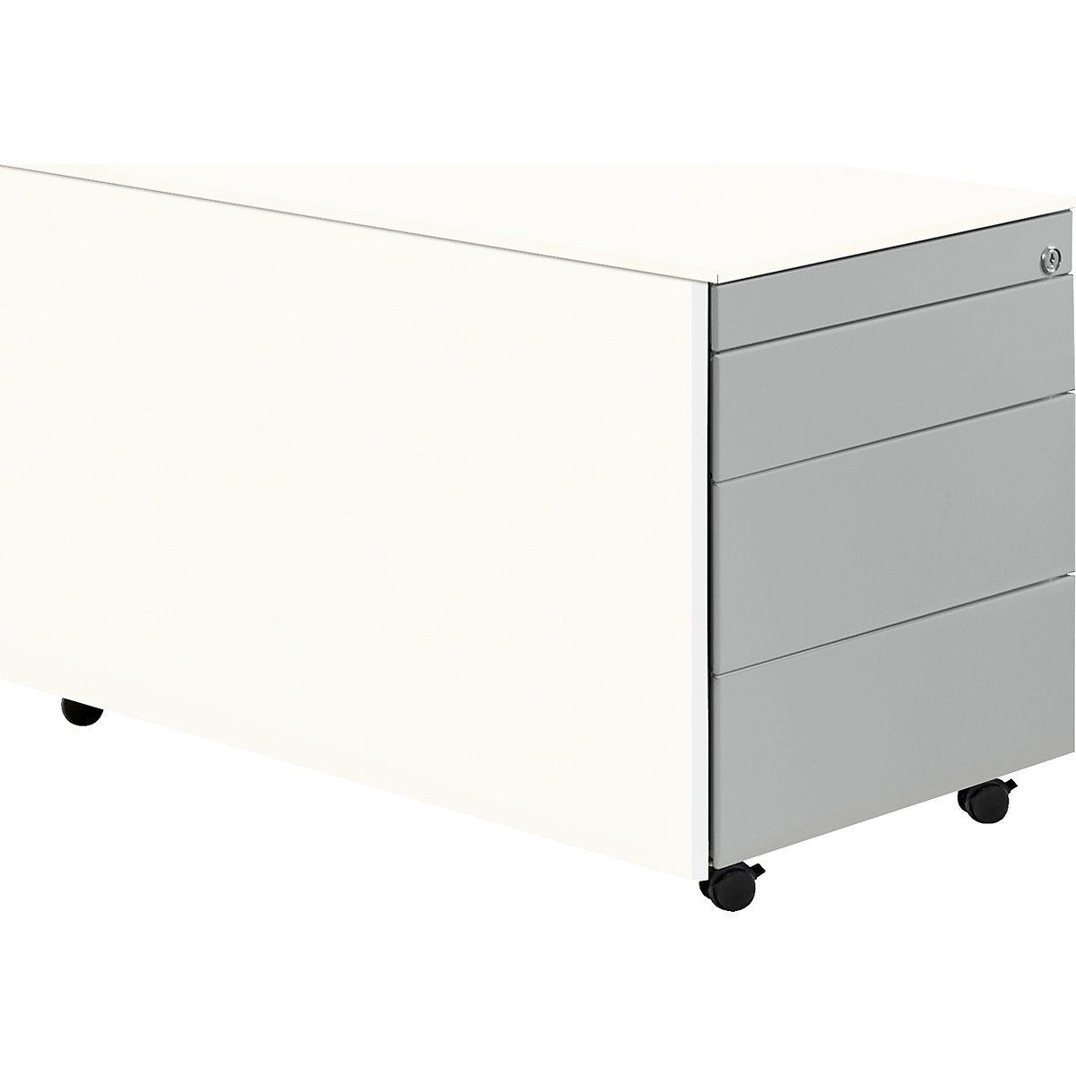 Drawer pedestal with castors – mauser, HxD 520 x 800 mm, steel top, 3 drawers, pure white / white aluminium / pure white-4
