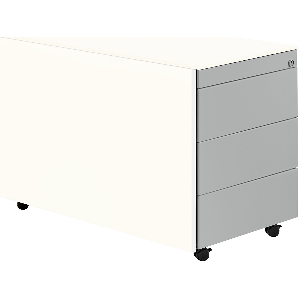 Drawer pedestal with castors – mauser, HxD 570 x 800 mm, steel top, 3 drawers, pure white / white aluminium / white-12