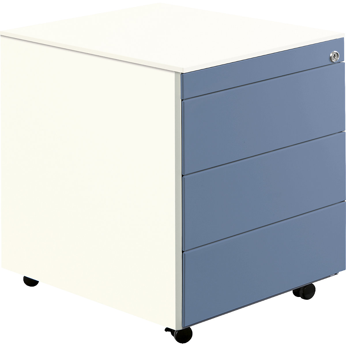 Drawer pedestal with castors – mauser, HxD 570 x 600 mm, steel top, 3 drawers, pure white / pigeon blue / pure white-13