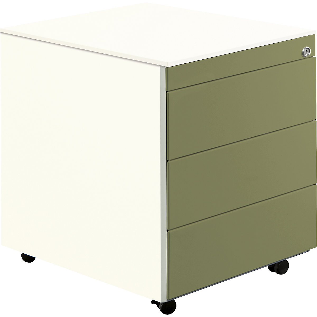 Drawer pedestal with castors – mauser, HxD 570 x 600 mm, steel top, 3 drawers, pure white / reed green / pure white-9