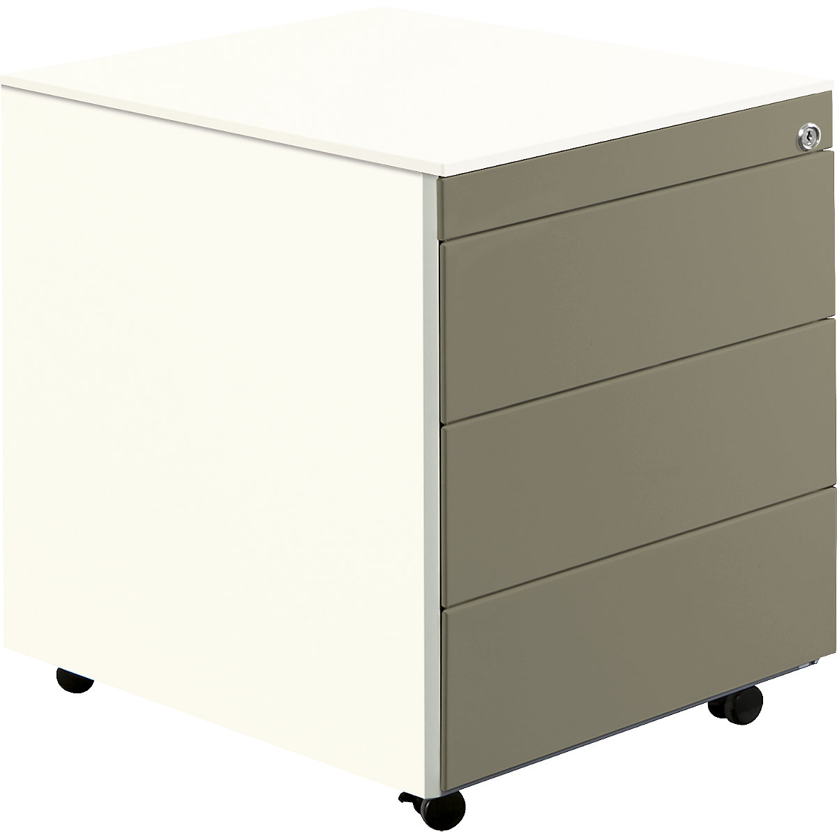 Drawer pedestal with castors – mauser, HxD 570 x 600 mm, steel top, 3 drawers, pure white / beige grey / pure white-10