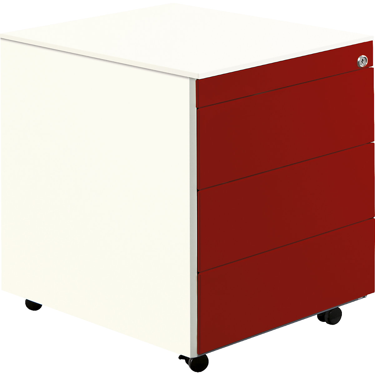 Drawer pedestal with castors – mauser, HxD 570 x 600 mm, steel top, 3 drawers, pure white / ruby red / pure white-6