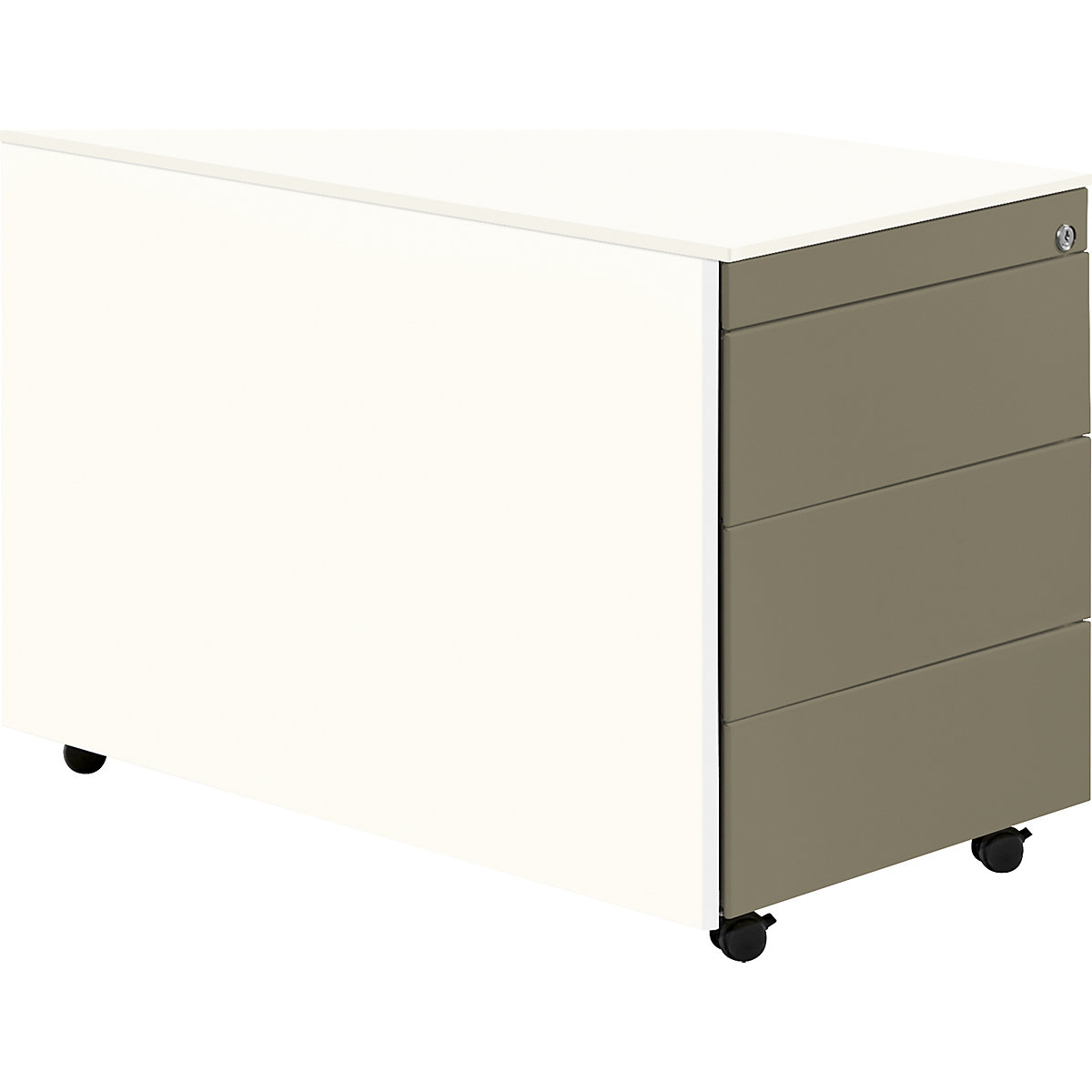 Drawer pedestal with castors – mauser, HxD 570 x 800 mm, steel top, 3 drawers, pure white / beige grey / pure white-13