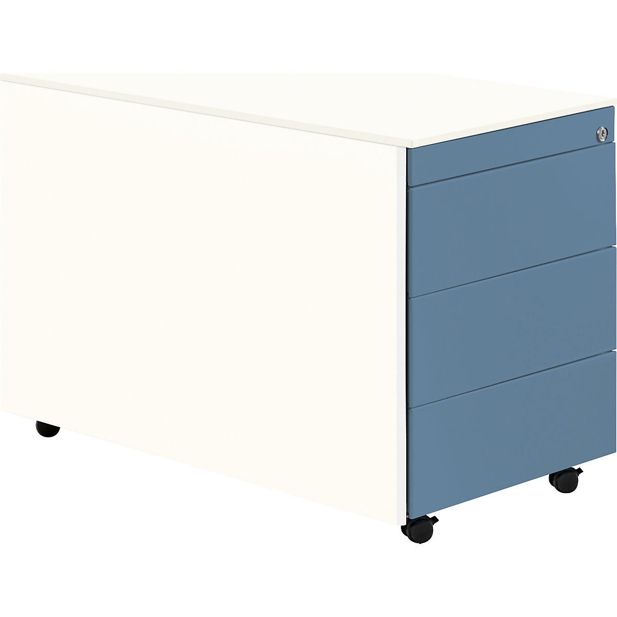 Drawer pedestal with castors – mauser, HxD 570 x 800 mm, steel top, 3 drawers, pure white / pigeon blue / pure white-6