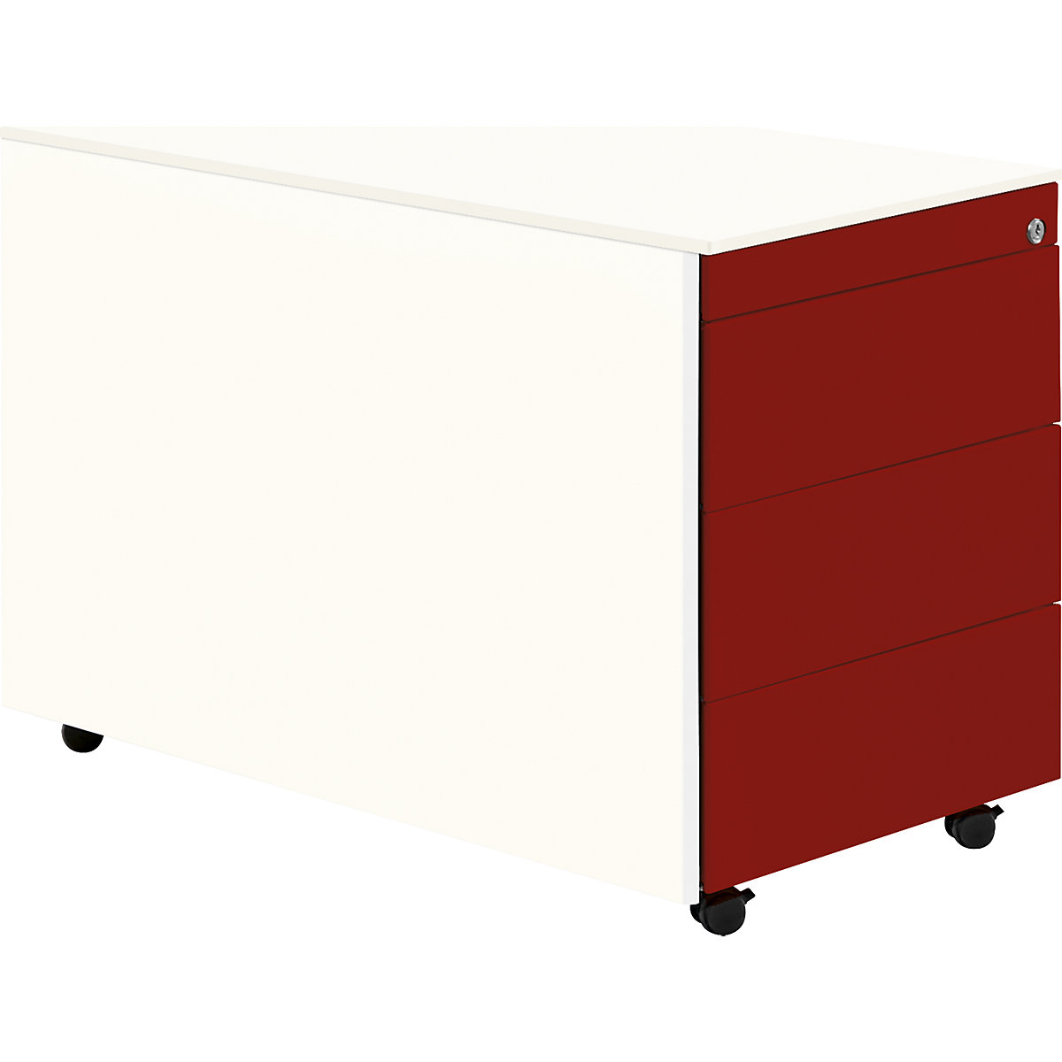 Drawer pedestal with castors – mauser, HxD 570 x 800 mm, steel top, 3 drawers, pure white / ruby red / pure white-7