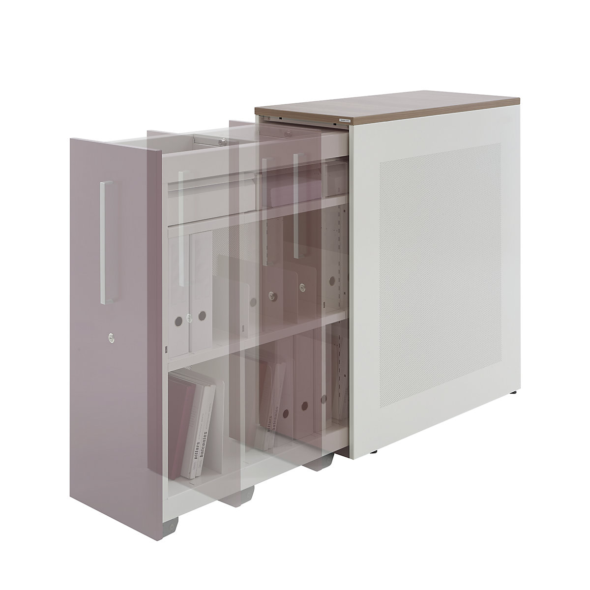 Full height drawer cupboard – mauser, counter element at left, height 1025 mm, pure white / ruby red-1