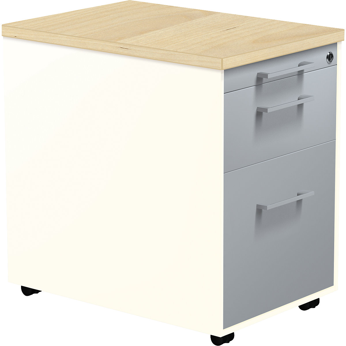 Mobile pedestal on castors – mauser, HxD 579 x 600 mm, 1 drawer, 1 suspension file drawer, pure white / white aluminium / maple-2