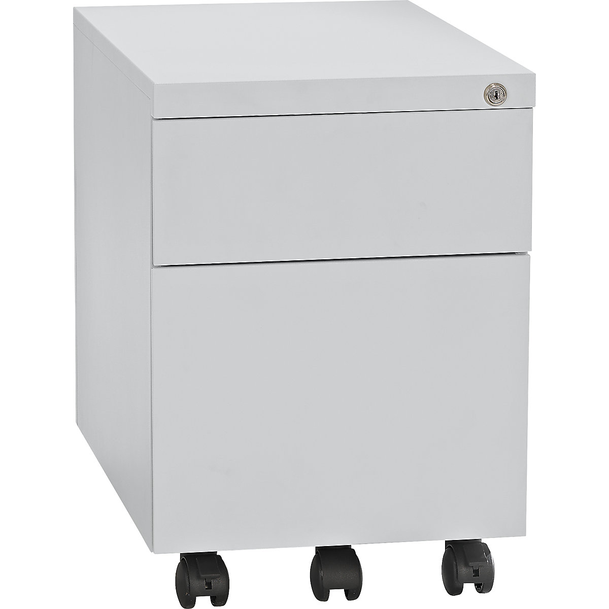 Mobile pedestal, steel – eurokraft basic, 1 pen tray, 1 drawer, 1 suspension file drawer, depth 590 mm, light grey-2