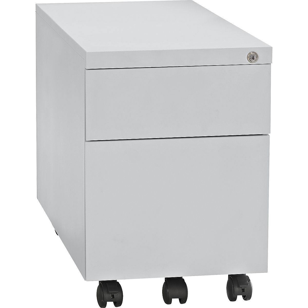Mobile pedestal, steel – eurokraft basic, 1 pen tray, 1 drawer, 1 suspension file drawer, depth 790 mm, light grey-4