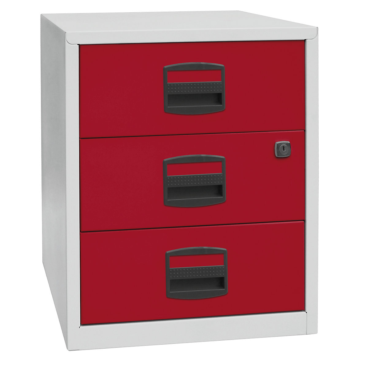 PFA mobile pedestal – BISLEY, 3 universal drawers, light grey / cardinal red-5