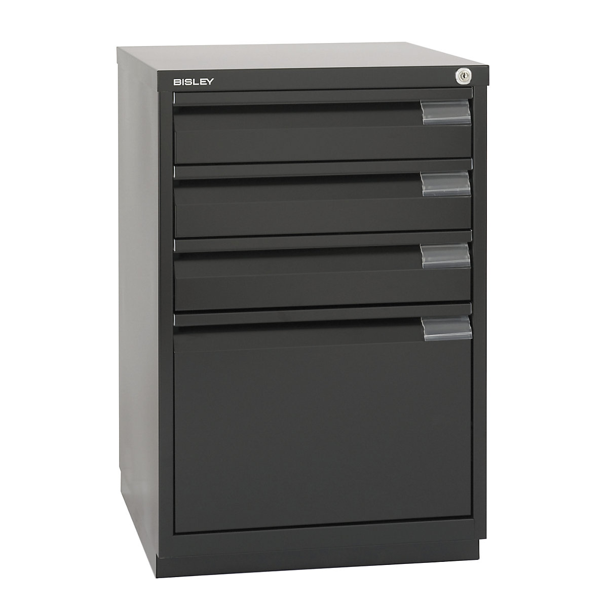 Series F fixed pedestal – BISLEY, 3 universal drawers, 1 SF drawer, grip rail, black-3