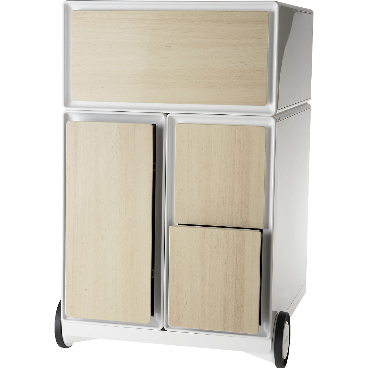 easyBox® mobile pedestal – Paperflow, 1 drawer, 1 suspension file drawer, 2 CD drawers, white / beech-8