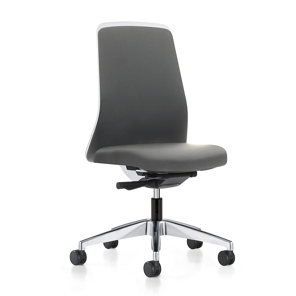 EVERY operator swivel chair, chillback back rest in white – interstuhl, polished frame, with hard castors, iron grey, seat depth 430 mm-1