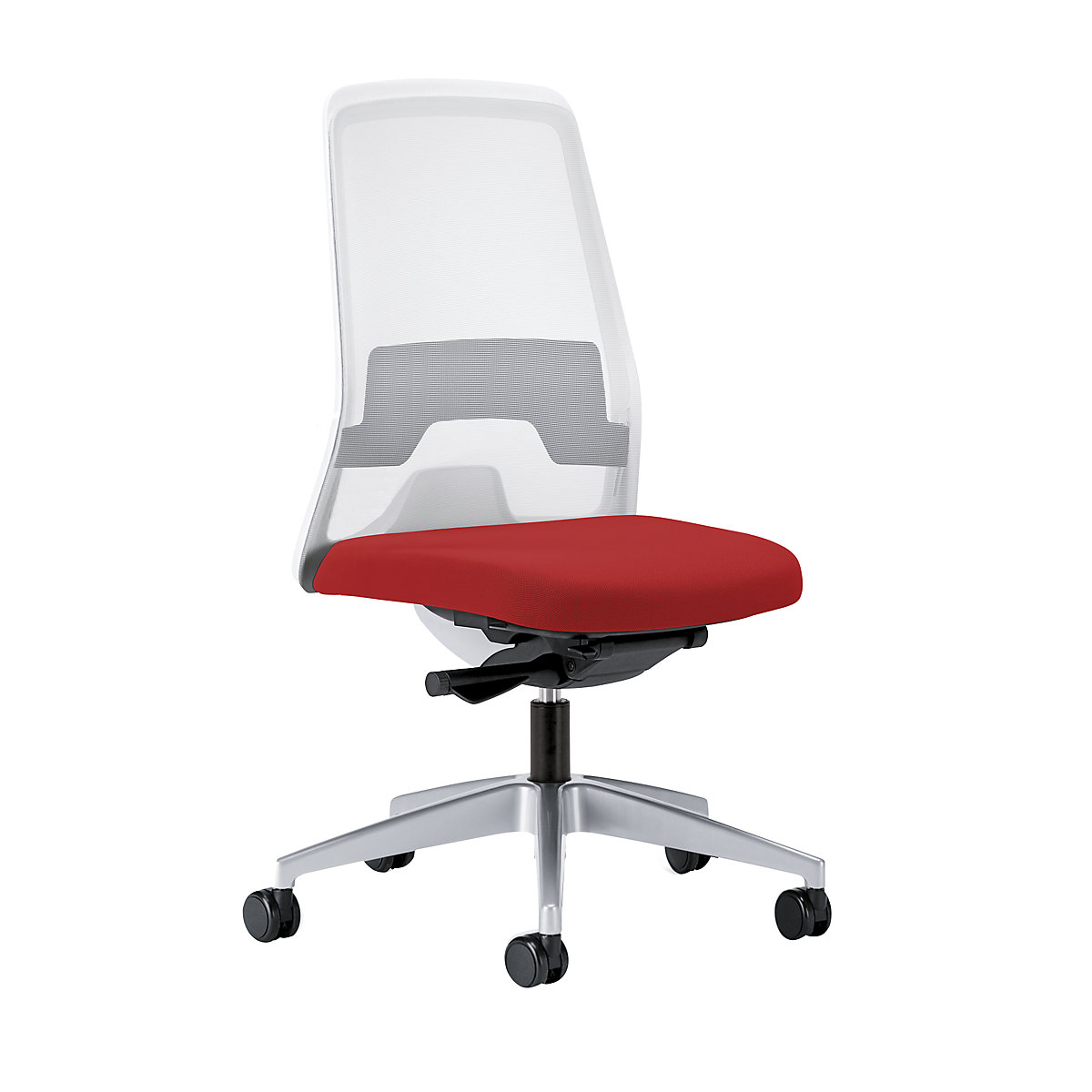 EVERY operator swivel chair, white mesh back rest – interstuhl, brilliant silver frame, with hard castors, flame red, seat depth 430 mm-6