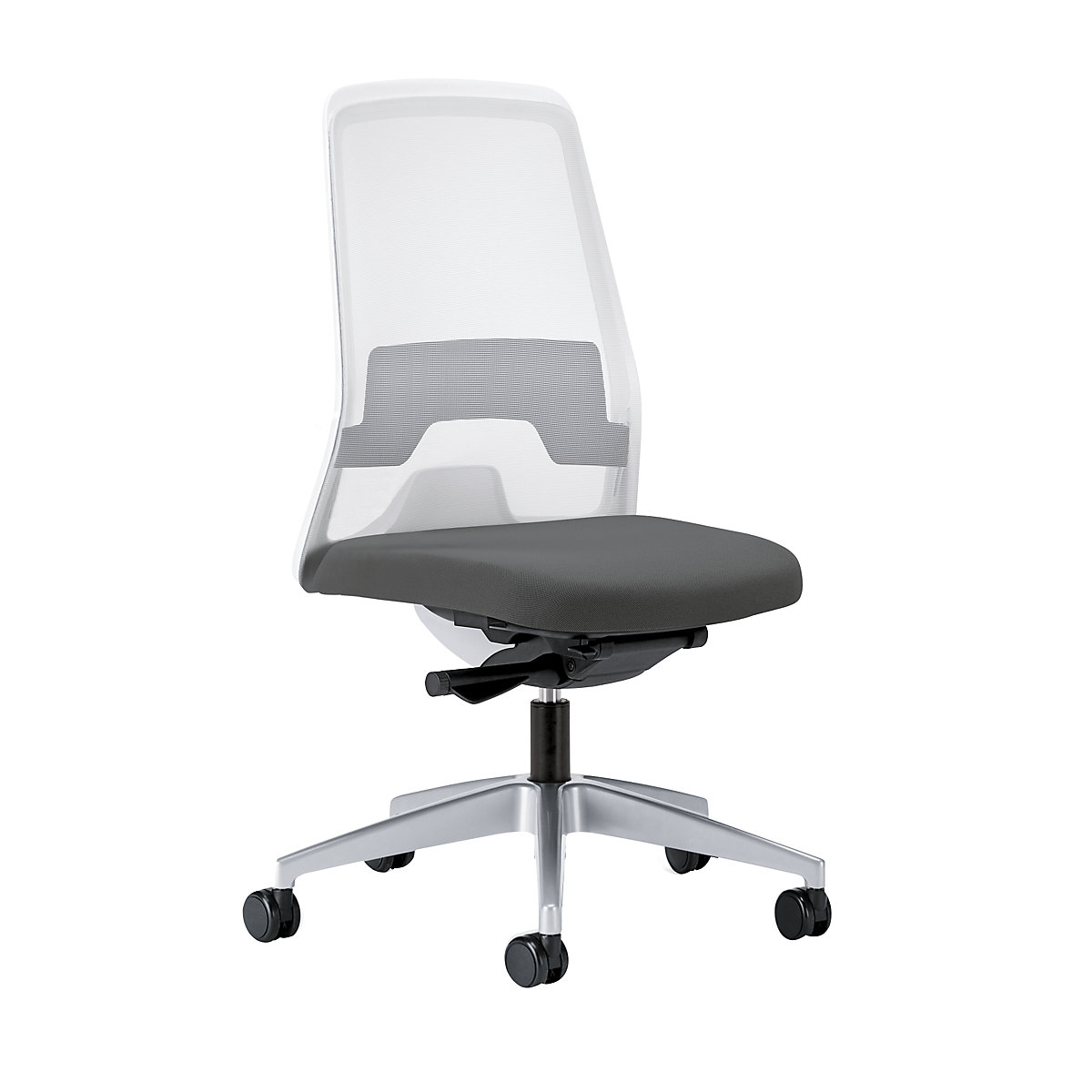 EVERY operator swivel chair, white mesh back rest – interstuhl, brilliant silver frame, with hard castors, iron grey, seat depth 430 mm-4