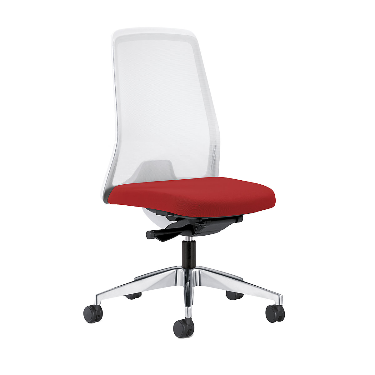 EVERY operator swivel chair, white mesh back rest – interstuhl, polished frame, with soft castors, flame red, seat depth 430 mm-6