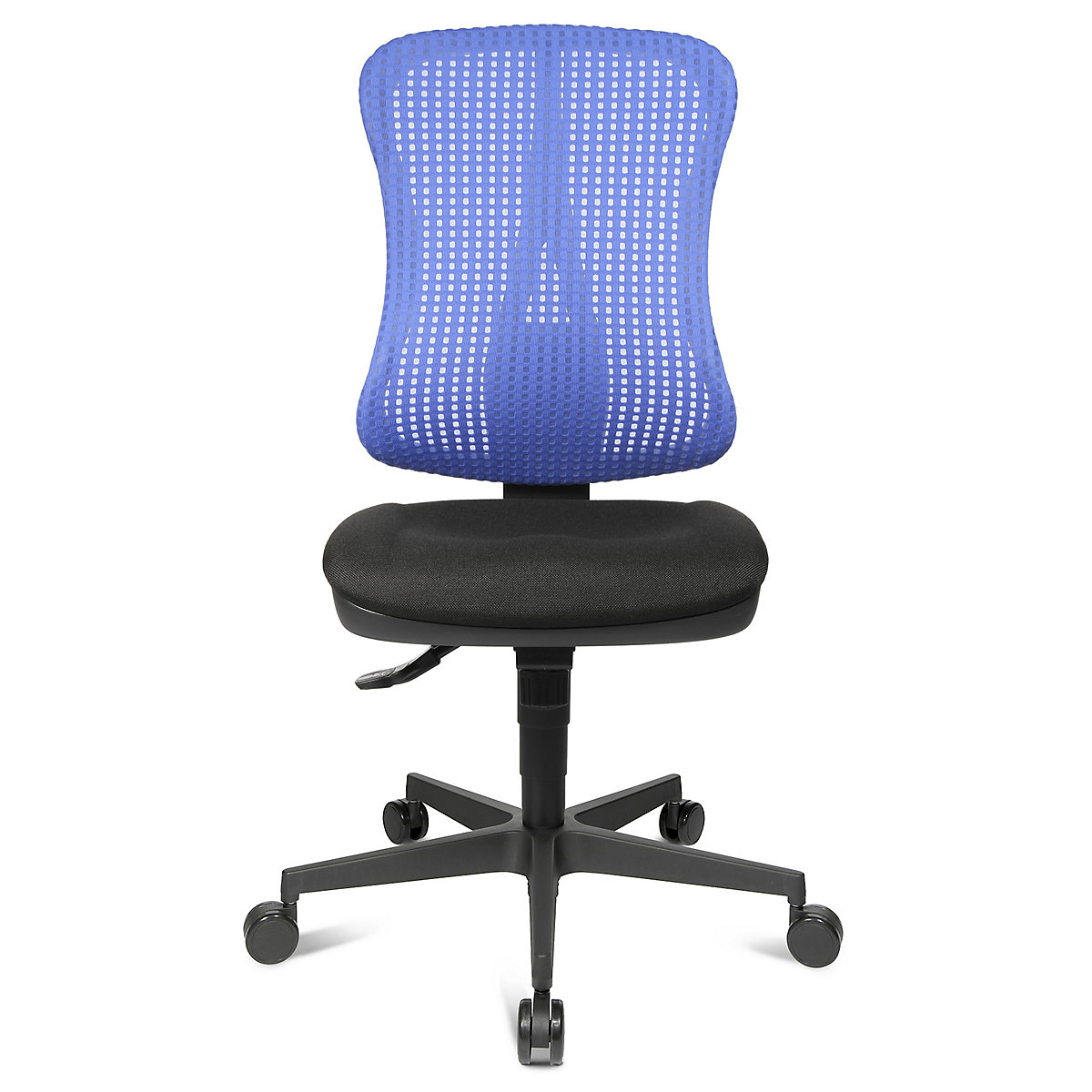 Ergonomic swivel chair, contoured seat – Topstar, without arm rests, black seat, blue mesh back rest-11