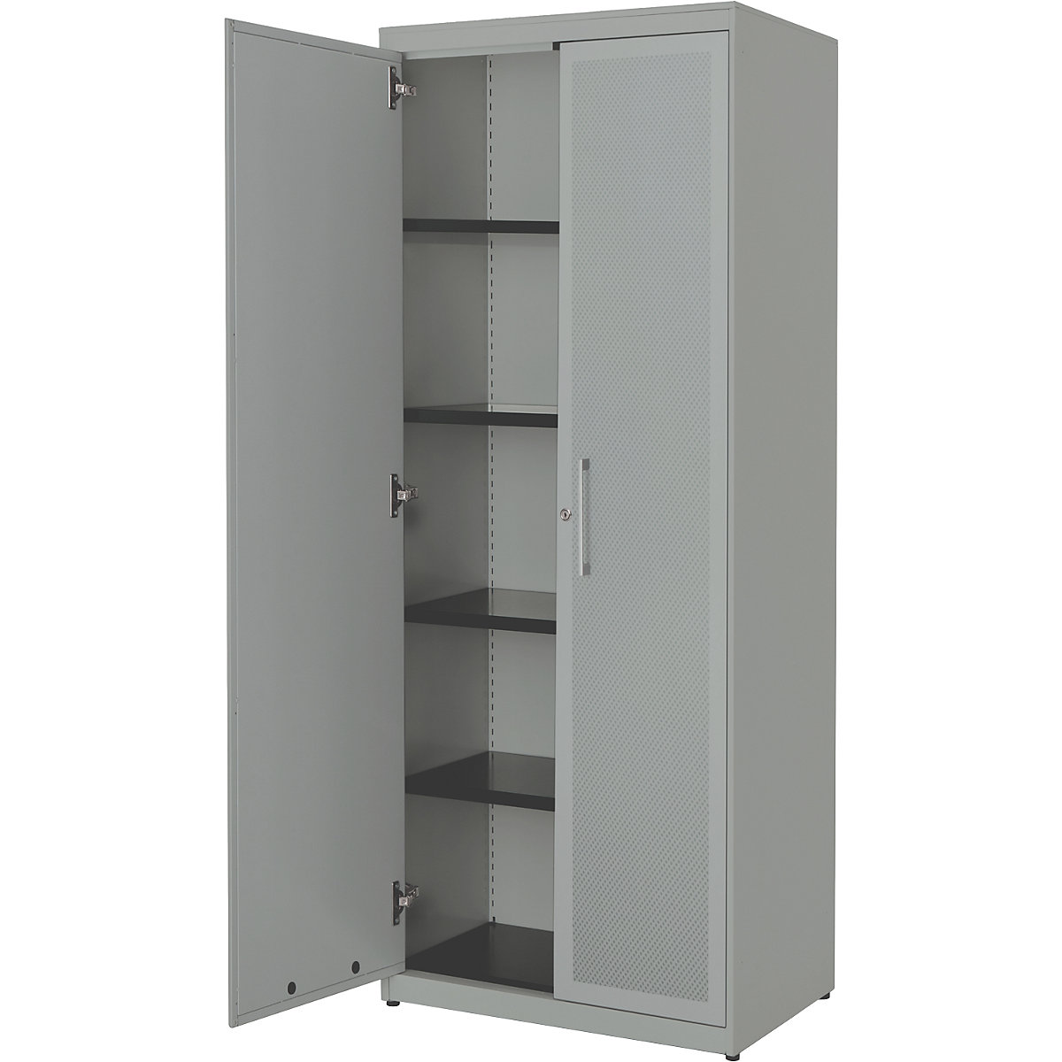 Double door cupboard, acoustically effective – mauser, HxWxD 1956 x 800 x 432 mm, 4 shelves, white aluminium / white aluminium-3