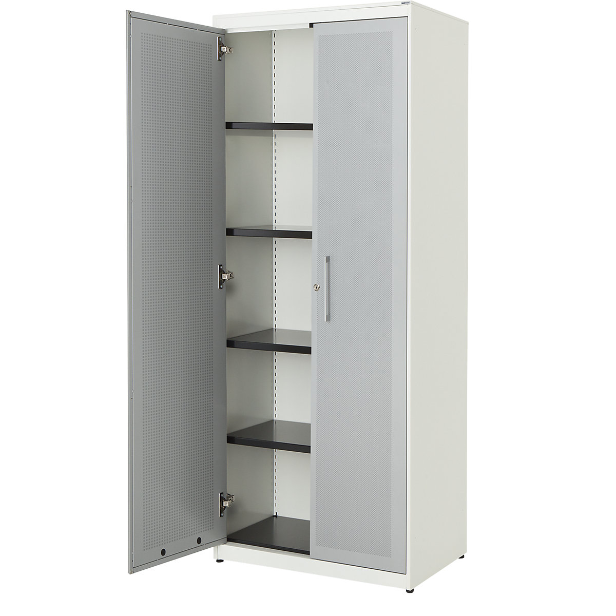 Double door cupboard, acoustically effective – mauser, HxWxD 1956 x 800 x 432 mm, 4 shelves, pure white / white aluminium-2
