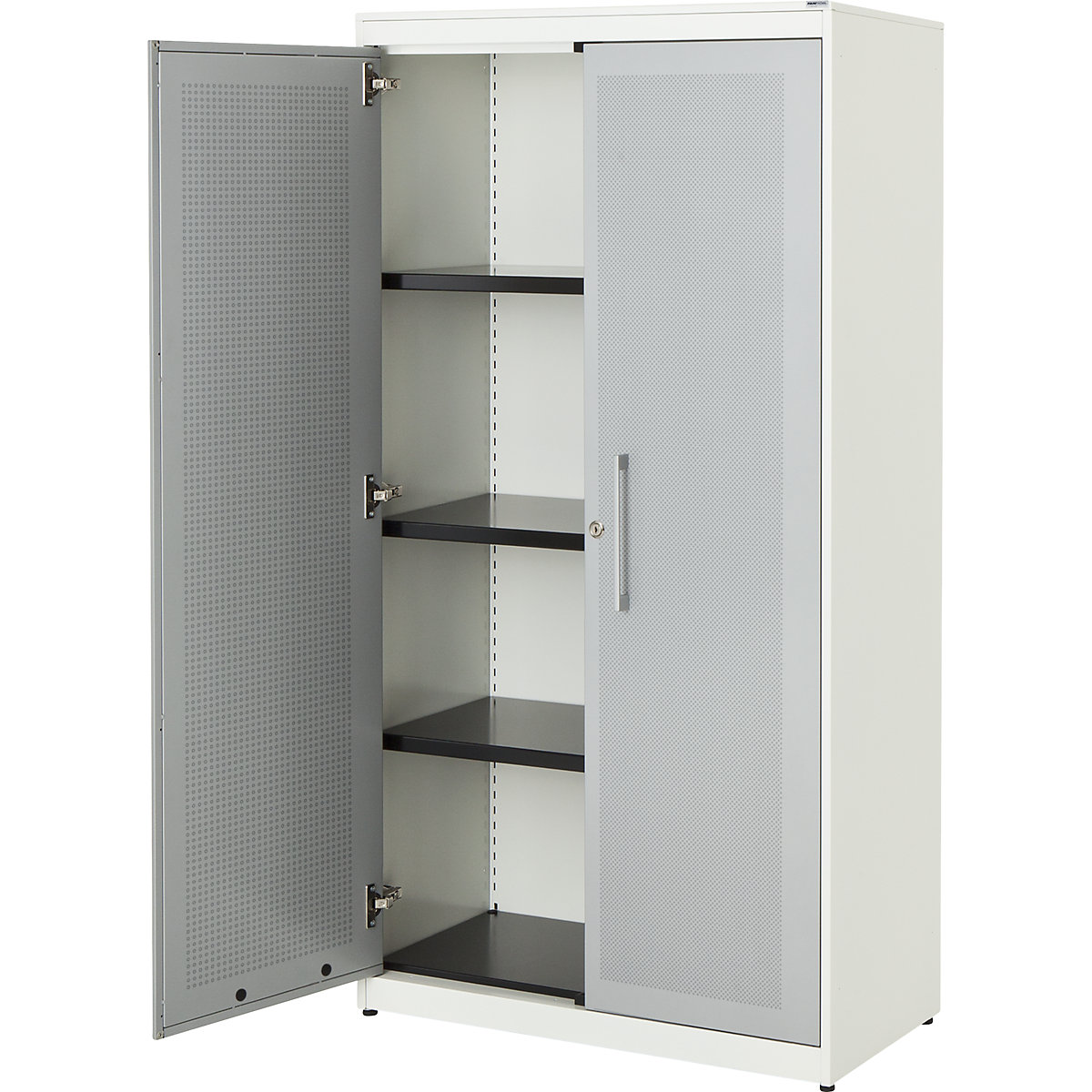 Double door cupboard, acoustically effective – mauser, HxWxD 1516 x 800 x 432 mm, 3 shelves, pure white / white aluminium-6