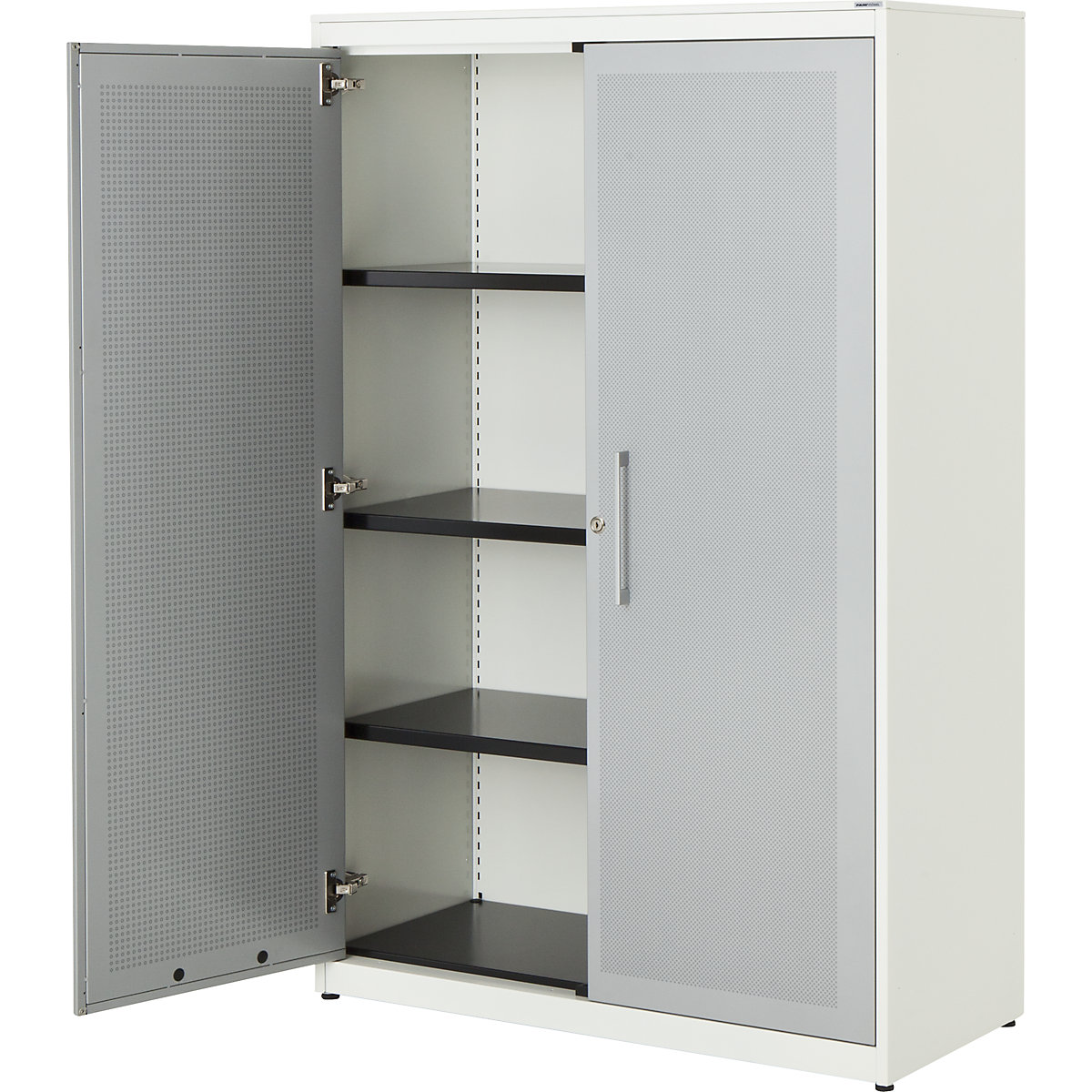 Double door cupboard, acoustically effective – mauser, HxWxD 1516 x 1000 x 432 mm, 3 shelves, pure white / white aluminium-4