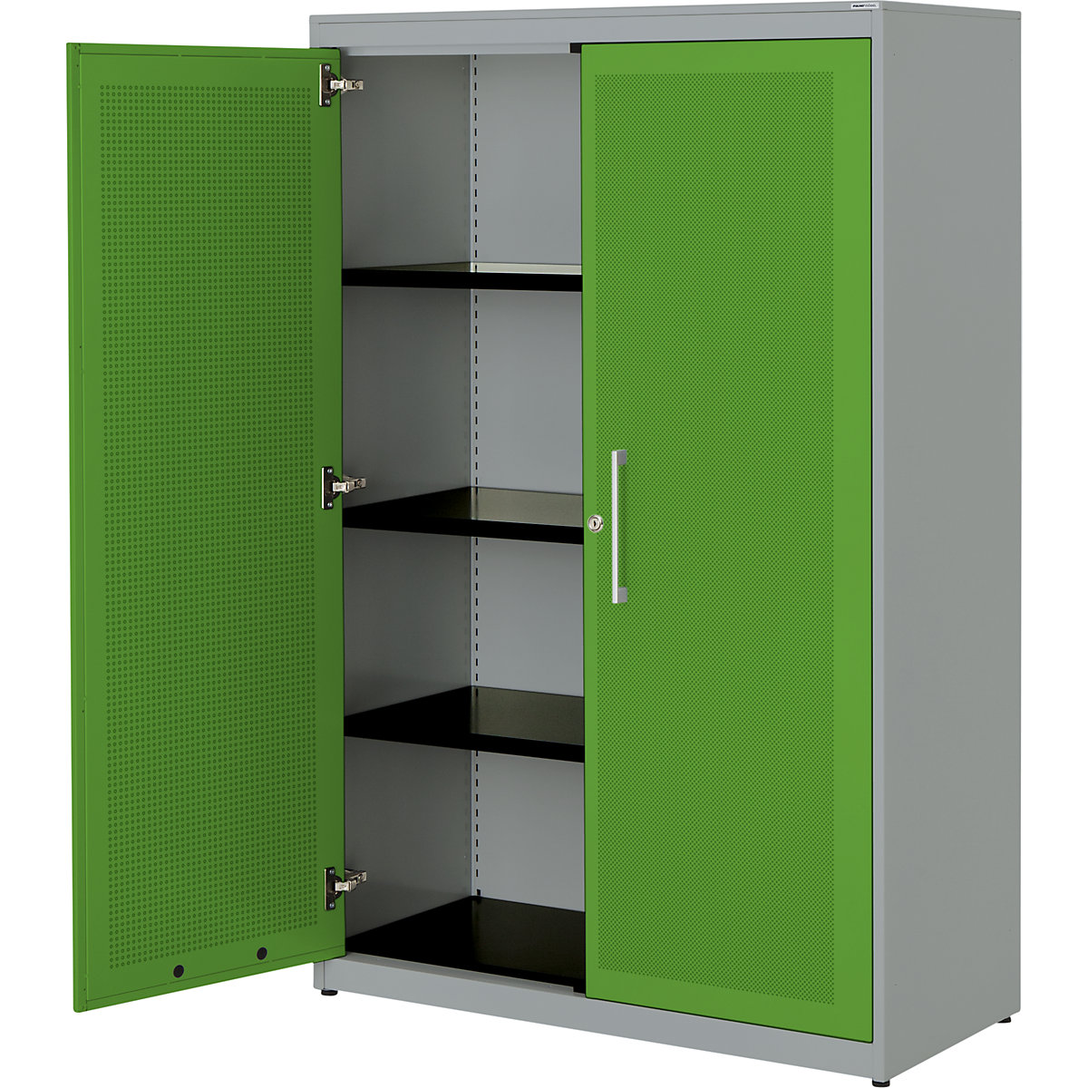 Double door cupboard, acoustically effective – mauser, HxWxD 1516 x 1000 x 432 mm, 3 shelves, white aluminium / yellow green-3