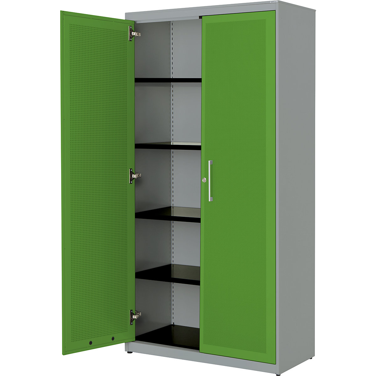 Double door cupboard, acoustically effective – mauser, HxWxD 1956 x 1000 x 432 mm, 4 shelves, white aluminium / yellow green-3
