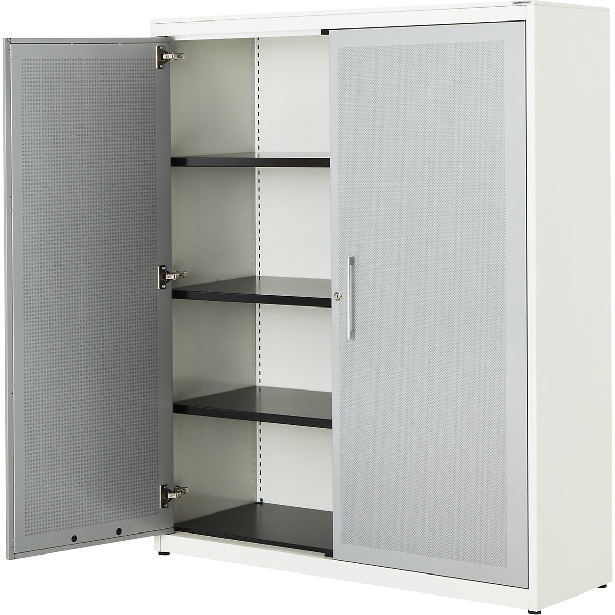 Double door cupboard, acoustically effective – mauser, HxWxD 1516 x 1200 x 432 mm, 3 shelves, pure white / white aluminium-5