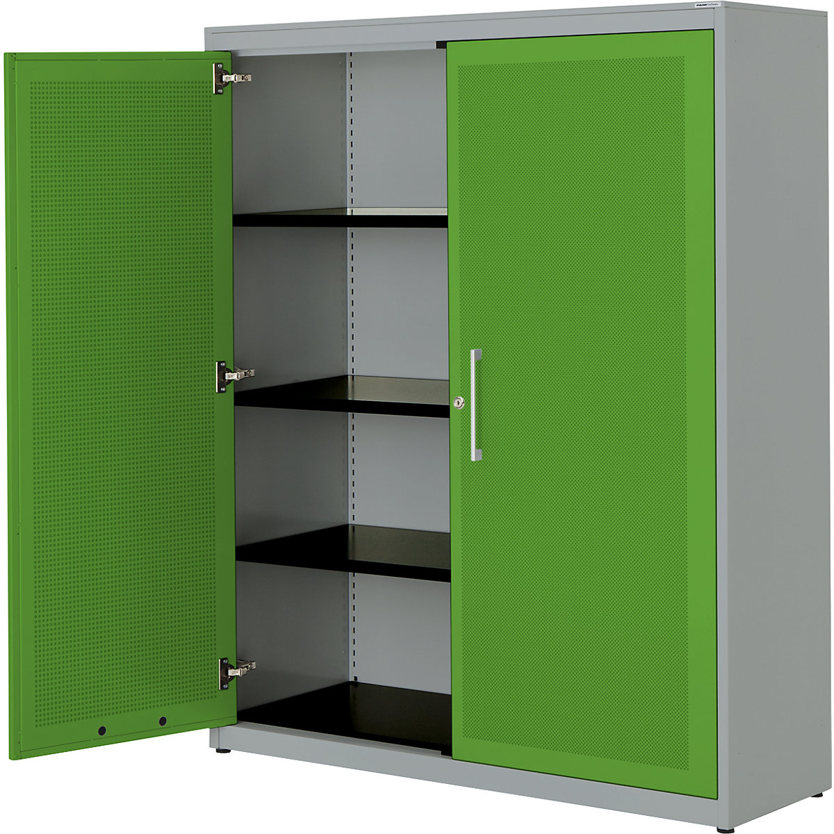 Double door cupboard, acoustically effective – mauser, HxWxD 1516 x 1200 x 432 mm, 3 shelves, white aluminium / yellow green-6