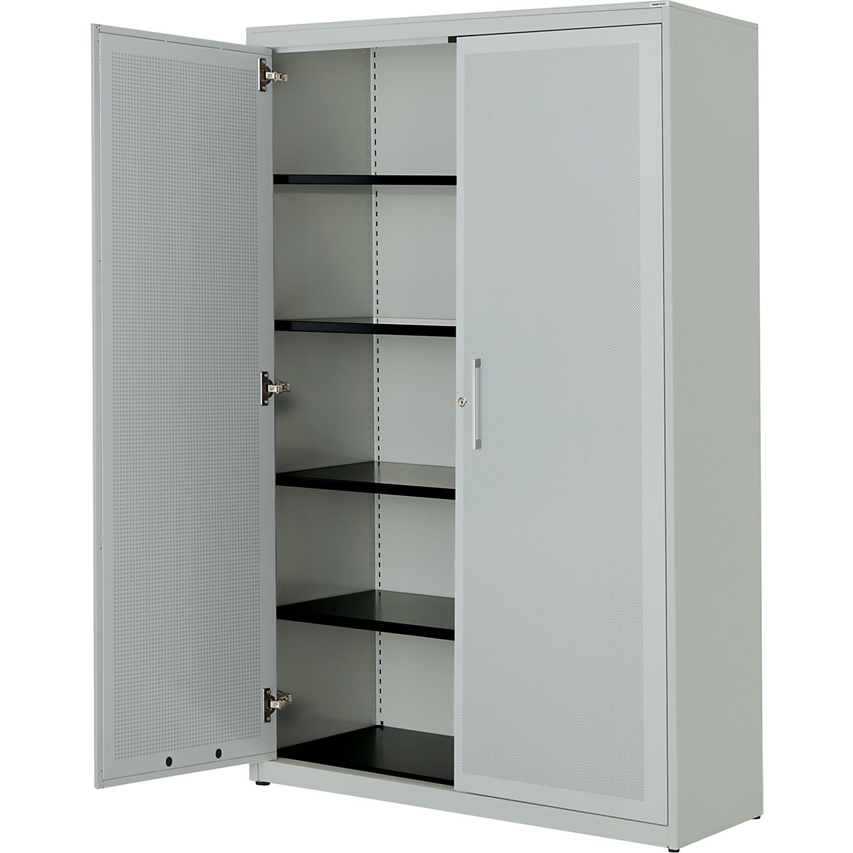 Double door cupboard, acoustically effective – mauser, HxWxD 1956 x 1200 x 432 mm, 4 shelves, light grey / light grey-5