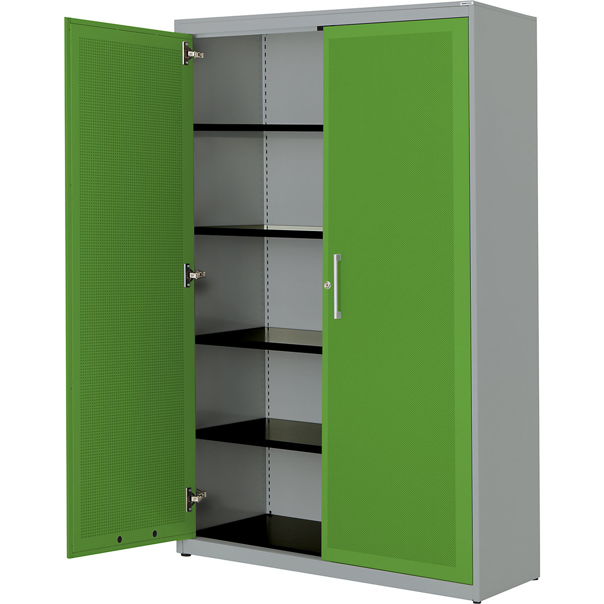 Double door cupboard, acoustically effective – mauser, HxWxD 1956 x 1200 x 432 mm, 4 shelves, white aluminium / yellow green-3