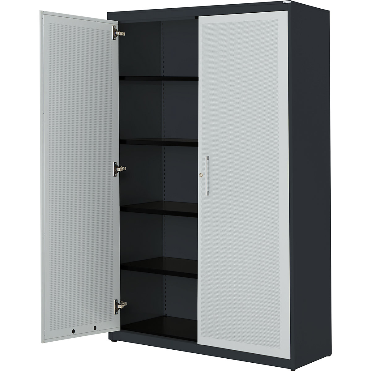 Double door cupboard, acoustically effective – mauser, HxWxD 1956 x 1200 x 432 mm, 4 shelves, charcoal / light grey-9
